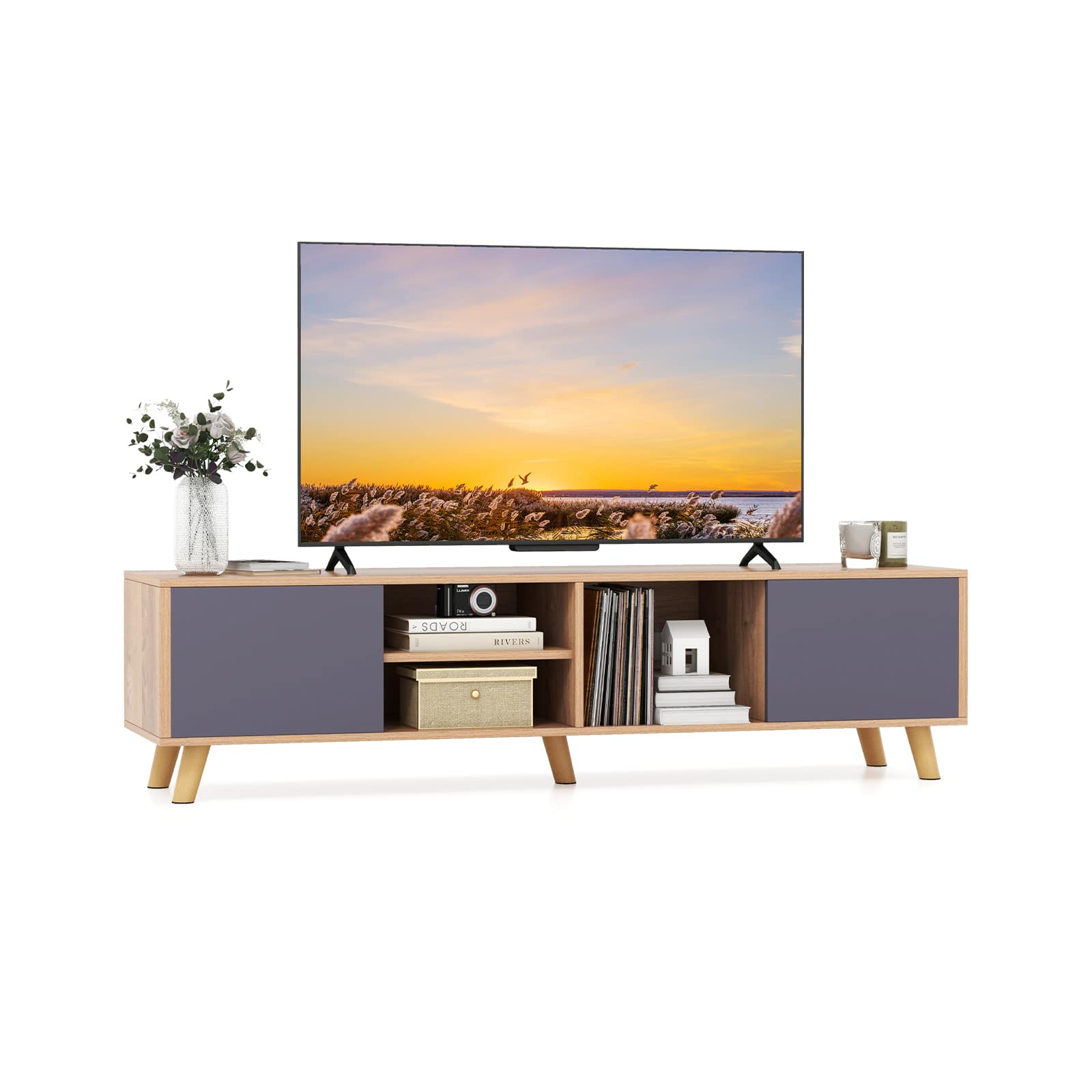 Ecooso - 65 Inch TV Stand Cabinet with Open Shelf for Living Room Storage - Natural and Gray