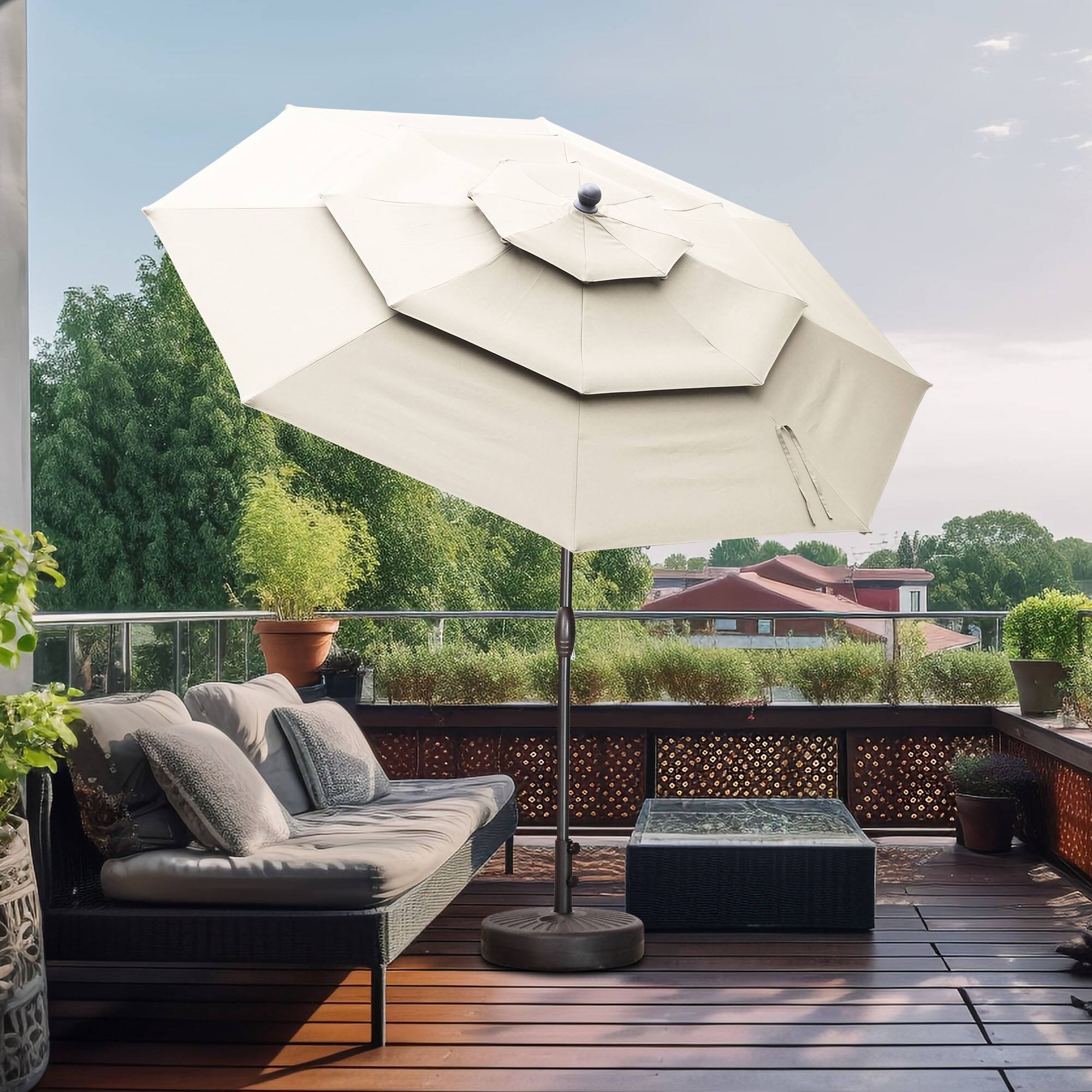 Angle. Ainfox - Ainfox 10 FT 3-Tier Patio Umbrella with Base Outdoor Market Umbrella with Crank and Tilt for Garden Lawn Backyard Pool - Khaki.