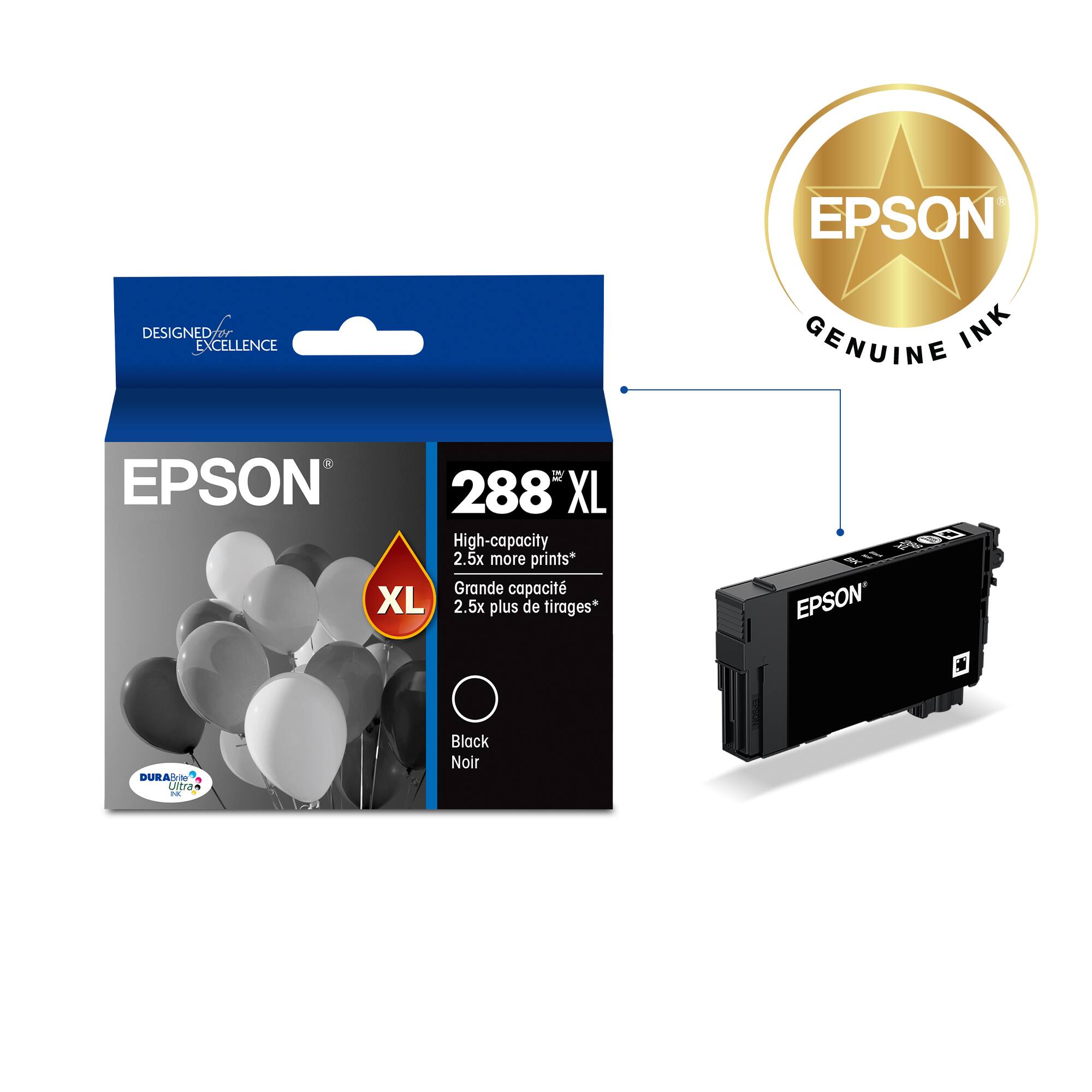 EPSON DESIGNED FOR EXCELLENCE GENUINE INK EPSON 288 XL High-capacity 2.5x more prints* Grande capacit XL 2.5x plus de tirages* A BI EPSON' DURA/Vie Ultre - Block Noir