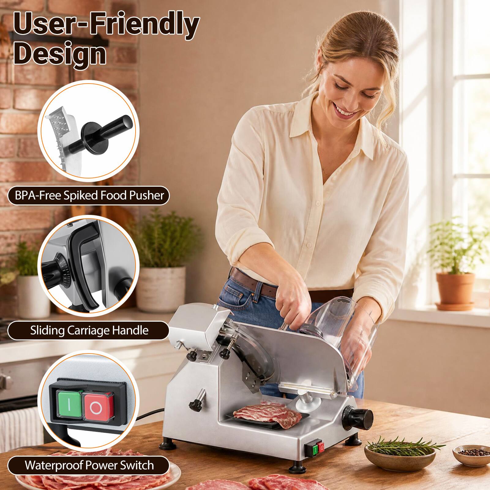 User-Friendly Design  
BPA-Free Spiked Food Pusher  
Sliding Carriage Handle  
Waterproof Power Switch