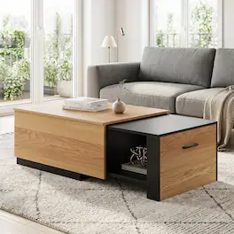Costway - Extendable Coffee table, 21.5"-43.5" Adjustable Length, Low Profile Center Table - Natural + Black