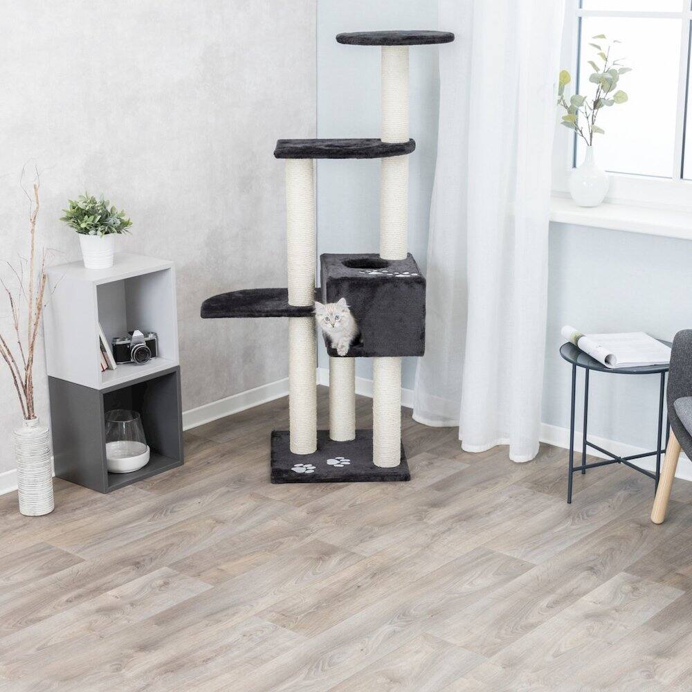 Angle. TRIXIE - Alicante Plush & Sisal 3-Level 56" Cat Tree with Scratching Posts & Condo, Gray - Dark Gray.
