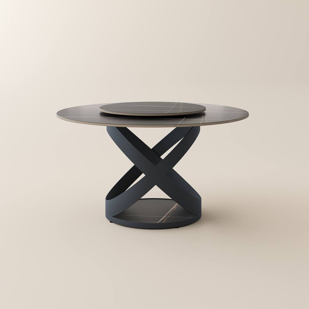 Alt View 9. POVISON - 51" Modern Black Round Dining Table for 6 with Lazy Susan, Matte Sintered Stone Tabletop, Black X Carbon Steel Base - Black Matte Sintered Stone with Black.
