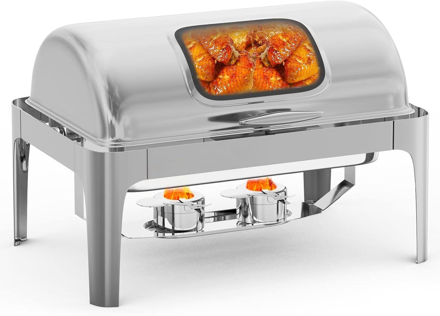 Front. GARVEE - Roll Top Chafing Dish Buffet Set Rectangular, 9QT Stainless Steel Catering Food Warmers with Glass Window, Silver - Silver.