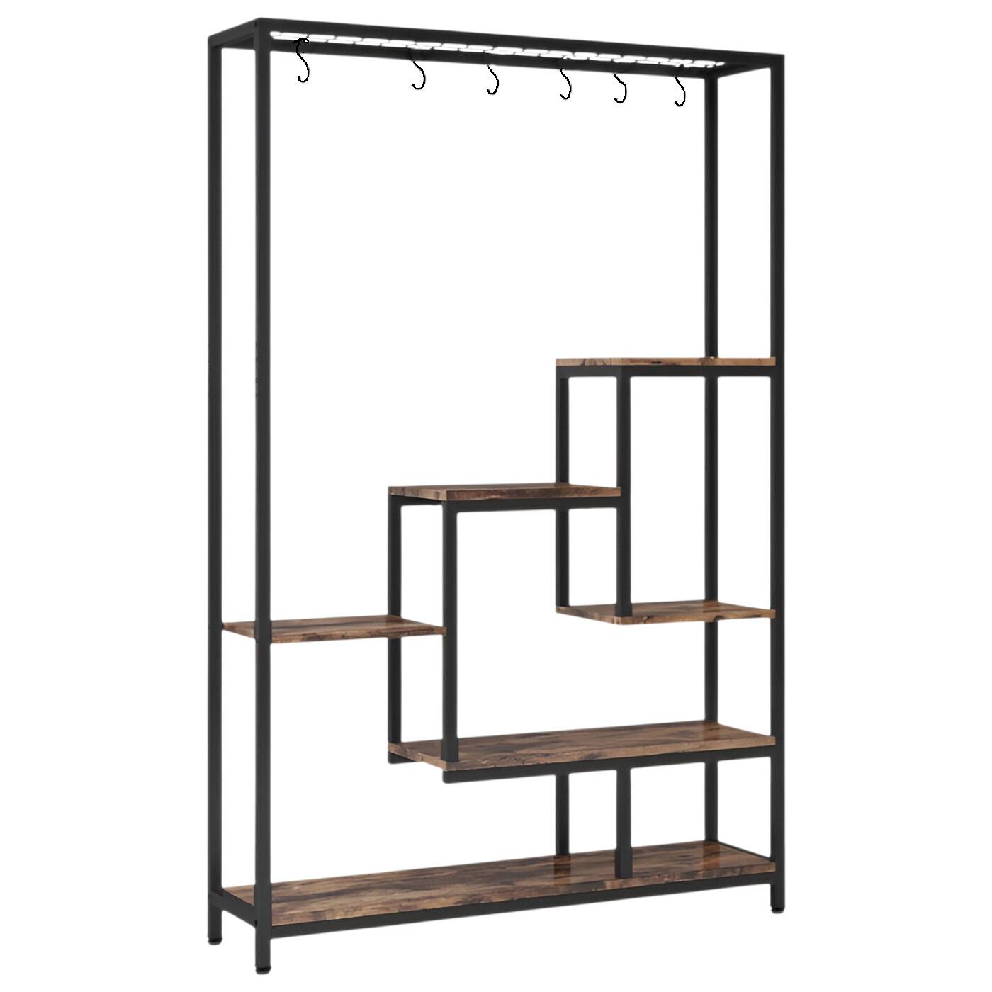 Front. SlickBlue - Metal Wood Indoor Plant Stand with 10 Hooks, Industrial Look - Black, Brown.