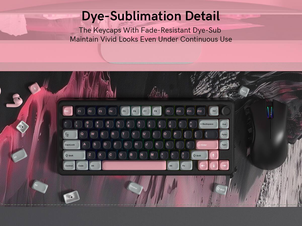 Dye-Sublimation Detail  
The Keycaps With Fade-Resistant Dye-Sub  
Maintain Vivid Looks Even Under Continuous Use  

PgUp Esc F1 F2 F3 F4 F5 F6 F7 F8 F9 F10 F11 F12 Del 1 2 3 4 5 6 7 8 9 0 - = Backspace End Tab Q W E R T Y U I O P [ ] \ Enter CapsLock A S D F G H J K L ; ' Shift Z X C V B N M , . / Shift Control Code Alt