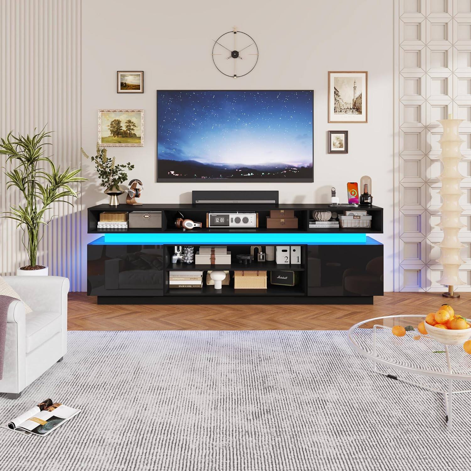 Angle. Espafurni - 83" LED TV Stand with Power Outlets, High Gloss & Glass Shelf - Black.