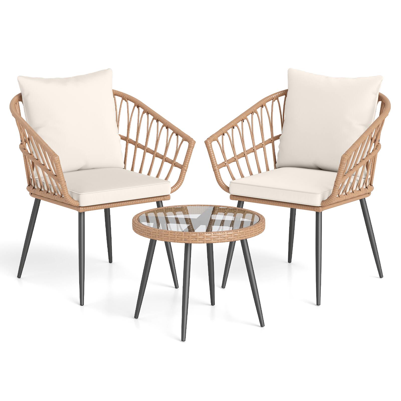 Alt View 9. Costway - Costway 3PCS Patio Bistro Set with Soft Cushions, Tempered Glass Coffee Table & Metal Frame - Natural +  Off  White.