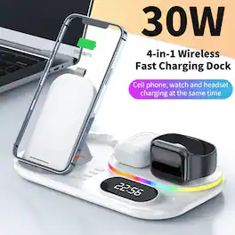 Luckbyte - 4-in-1 Wireless Charging Station with Clock & RGB Light, 15W Fast Foldable Charger for iPhone 16-8, Watch & AirPods