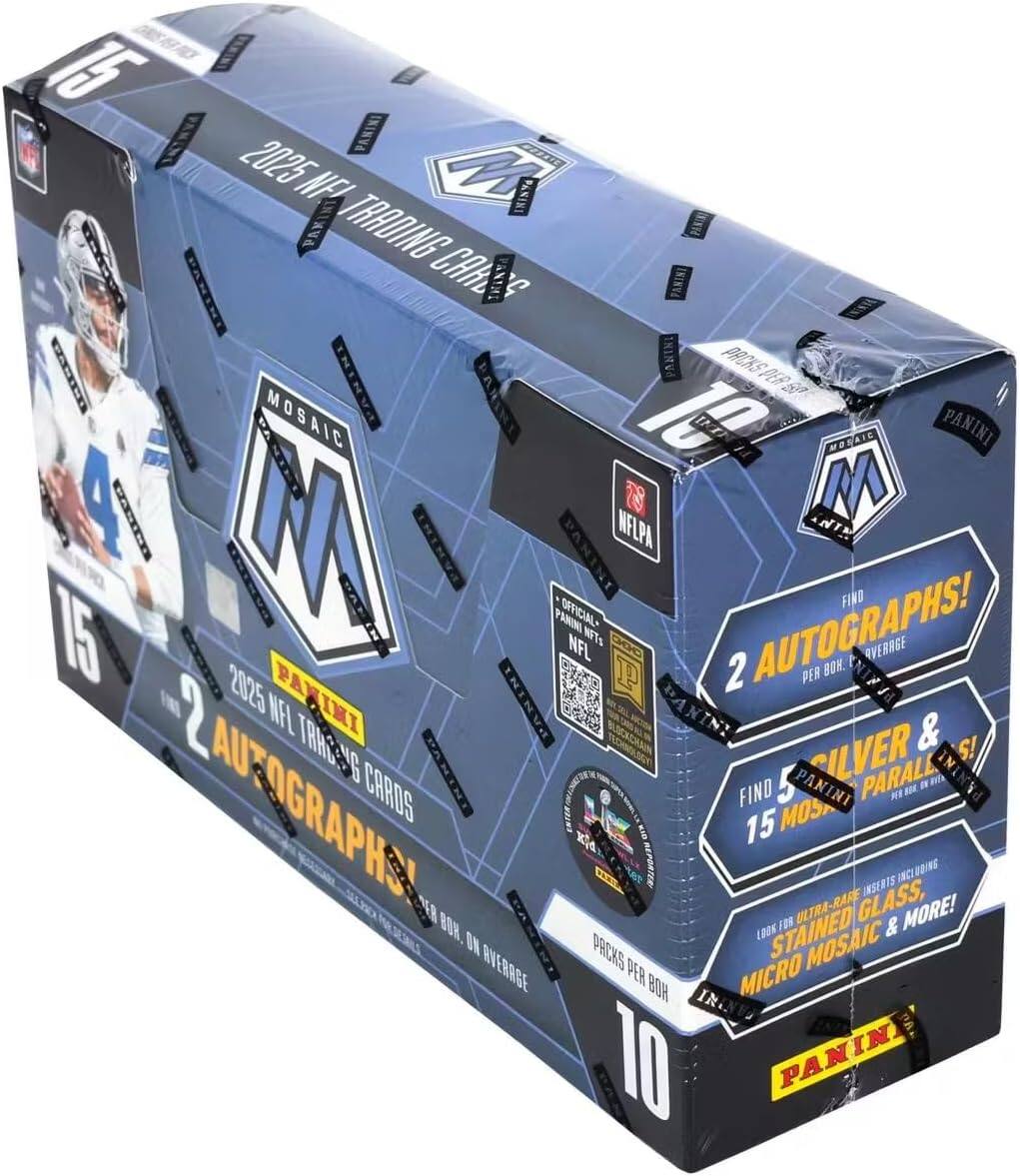 15 PANINI FE 2025 NFL TRADING CARDS  
PANINI Mosaic  
2 AUTOGRAPHS!  
FIND 5 SILVER & GOLD PARALLAX!  
FIND 15 MOSAIC!  
LOOK FOR ULTRA-RARE INSERTS INCLUDING STAINED GLASS, MICRO MOSAIC & MORE!  
10 PACKS PER BOX  
PANINI