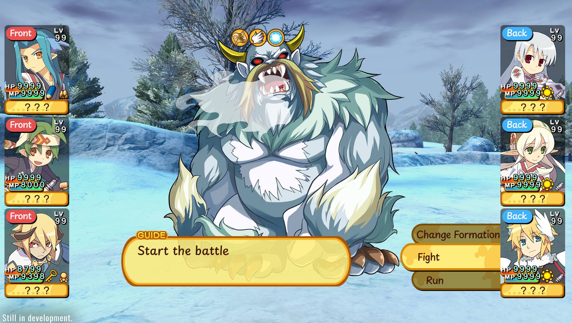 Front LV 99 Back LV 99 HP 9999 9 9 9 MP 9999 ? ?.?? ? ? HP 9999 MP 9999 9 9 9 ?.?.? ? ? 

Front LV 99 Back LV 99 HP 9999 9 MP 8000 ?.?.? ? ? ? 

Front LV 99 Back LV 99 HP 8799 9 MP 9398 ?.?.? ? ? ? 

Front LV 99 HP 8799 9 MP 9398 ?.?.? ? ? ? 

Guide: Start the battle

Back LV 99 Change Formation

Fight

HP 9999 MP 9999 Run

Still in development.