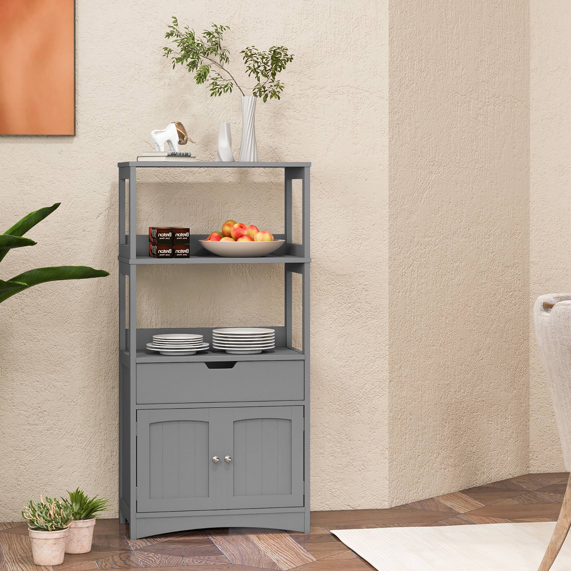 Alt View 4. Gymax - Gymax Bathroom Storage Cabinet w/Drawer Shelf Cupboard Floor Cabinet Grey - Grey.
