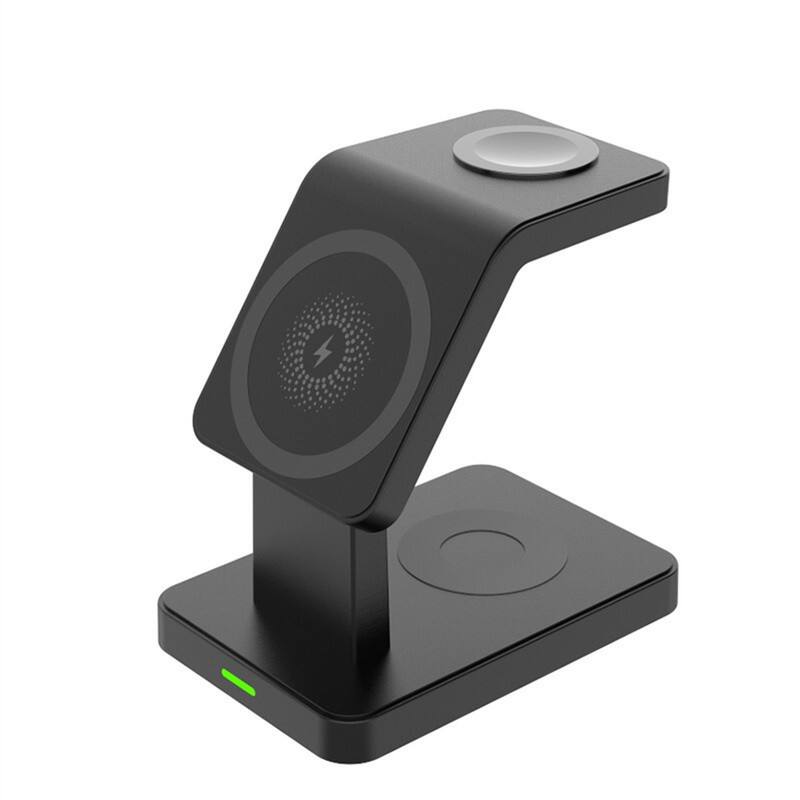 Front. RISOKEYS - 3-in-1 Wireless Charging Stand - 15W Magnetic Charging Station, Charging for Phones - Black.