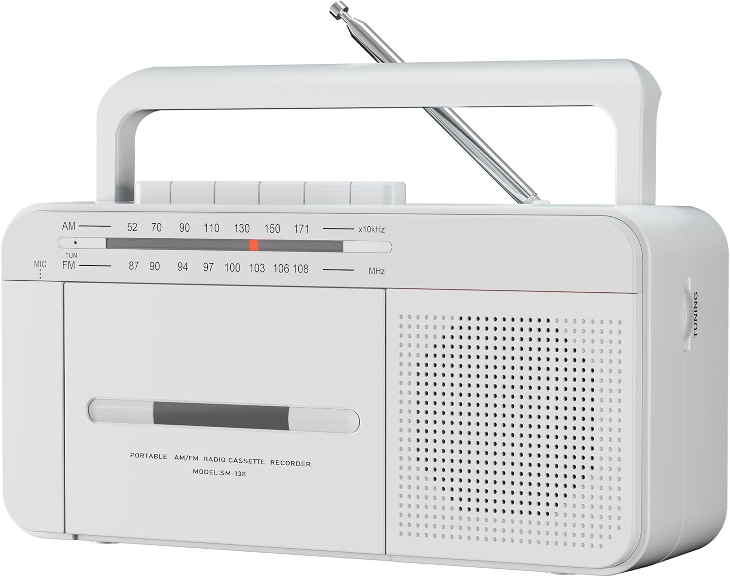 AM 52 70 90 110 130 150 171 x10kHz
MIC
TUN
FM 87 90 94 97 100 103 106 108 MHz
LUNING
PORTABLE AM/FM RADIO CASSETTE RECORDER
MODEL: SM-138