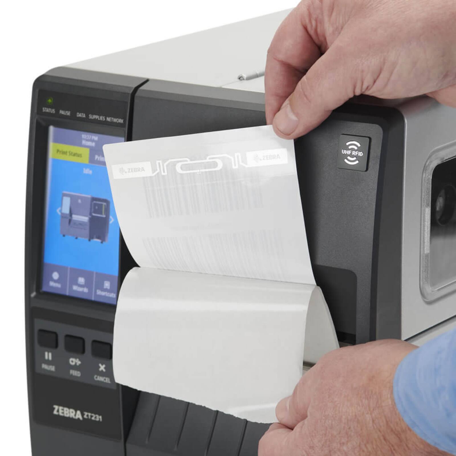 STATUS PAUSE DATA SUPPLIES NETWORK  
12:37 PM  
Home Print Status  
Print Idle  
ZEBRA  
UHF RFID  
Work  
Shartruts  
"  
PUTE 0  
FEED  
CANCEL  
ZEBRA ZT231