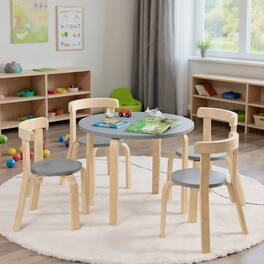 Kadyn - 5-Piece Kids Wooden Curved Back Activity Table and Chair Set with Toy Bricks- Small Folding Table for Arts & Crafts - Gray