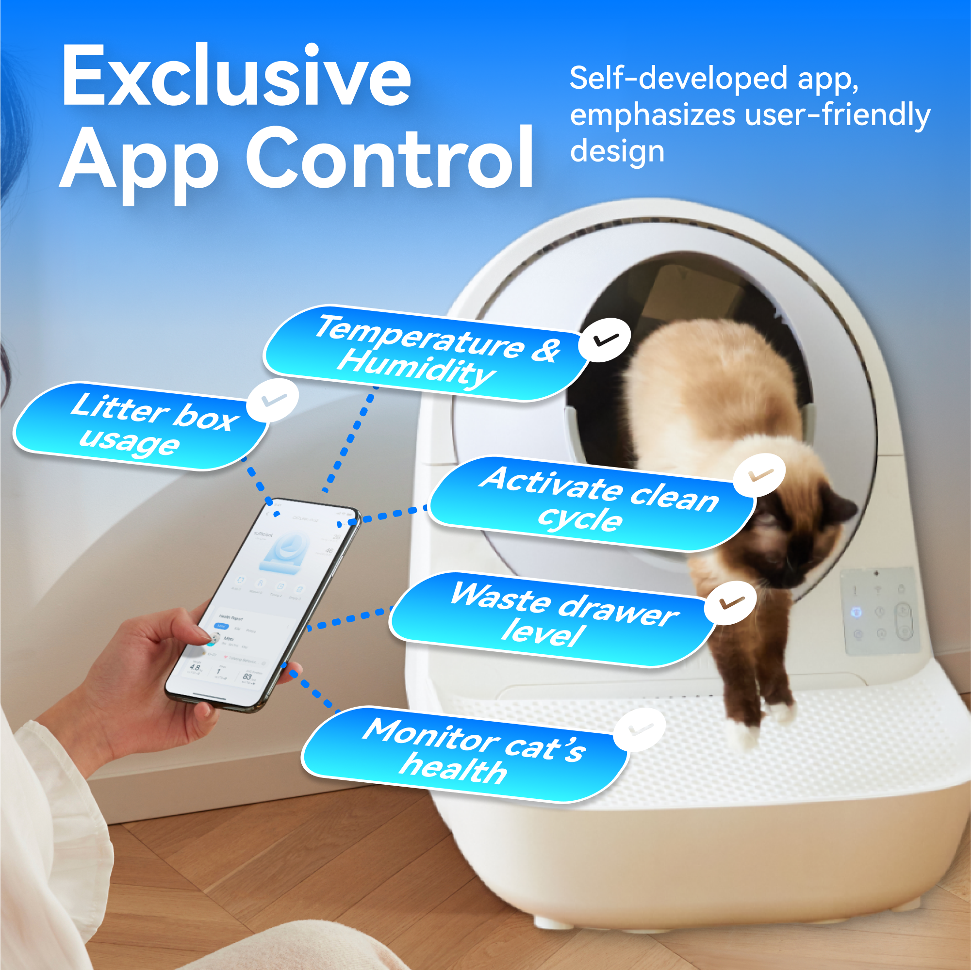 Exclusive Self-developed app, emphasizes user-friendly App Control design. Features: Temperature & Humidity, Litter box usage, Activate clean cycle, Waste drawer level, Monitor cat's health.