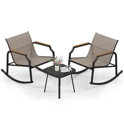 Front. Costway - Costway 3 PCS Rocking Bistro Set Outdoor Conversation Set with Porch Rocking Chairs - Black + Brown.