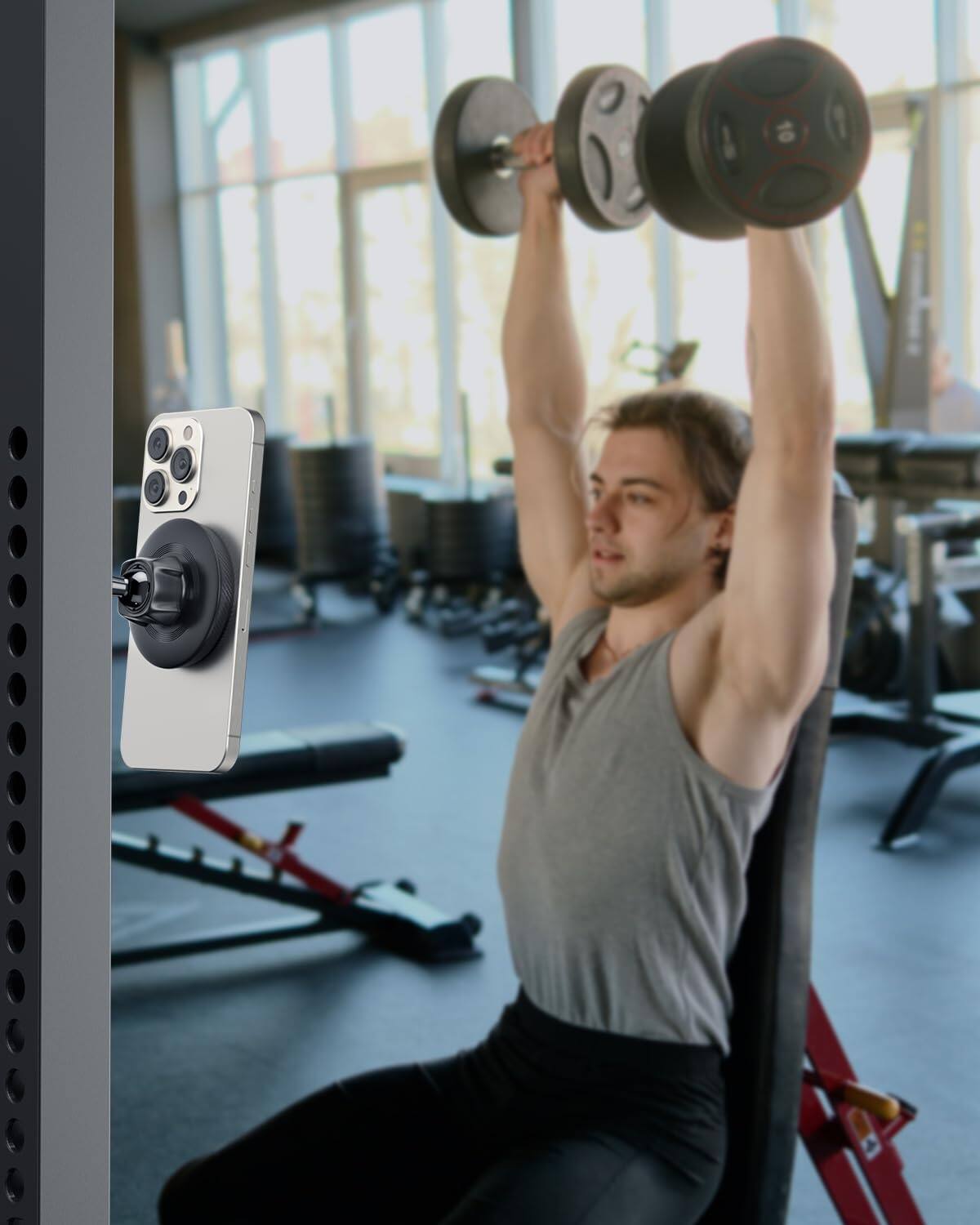 Alt View 5. Stylel Star - Magnetic Phone Holder For Gym Alloy Base & Ball Joint Attach To Metal Surfaces Dual Mount Magsafe 12-17 Series - Default.