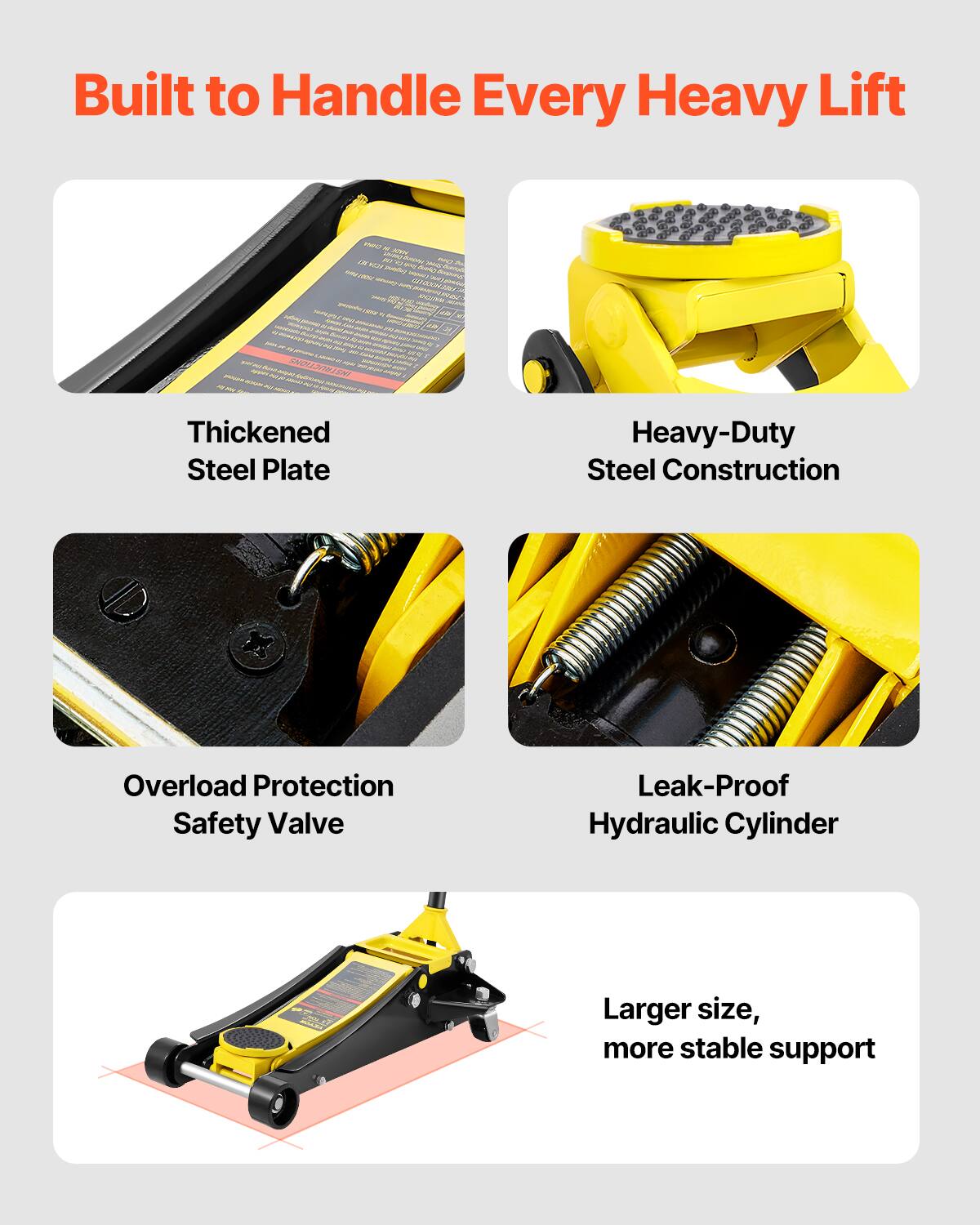 Built to Handle Every Heavy Lift

- Thickened Steel Plate
- Heavy-Duty Steel Construction
- Overload Protection Safety Valve
- Leak-Proof Hydraulic Cylinder
- Larger size, more stable support