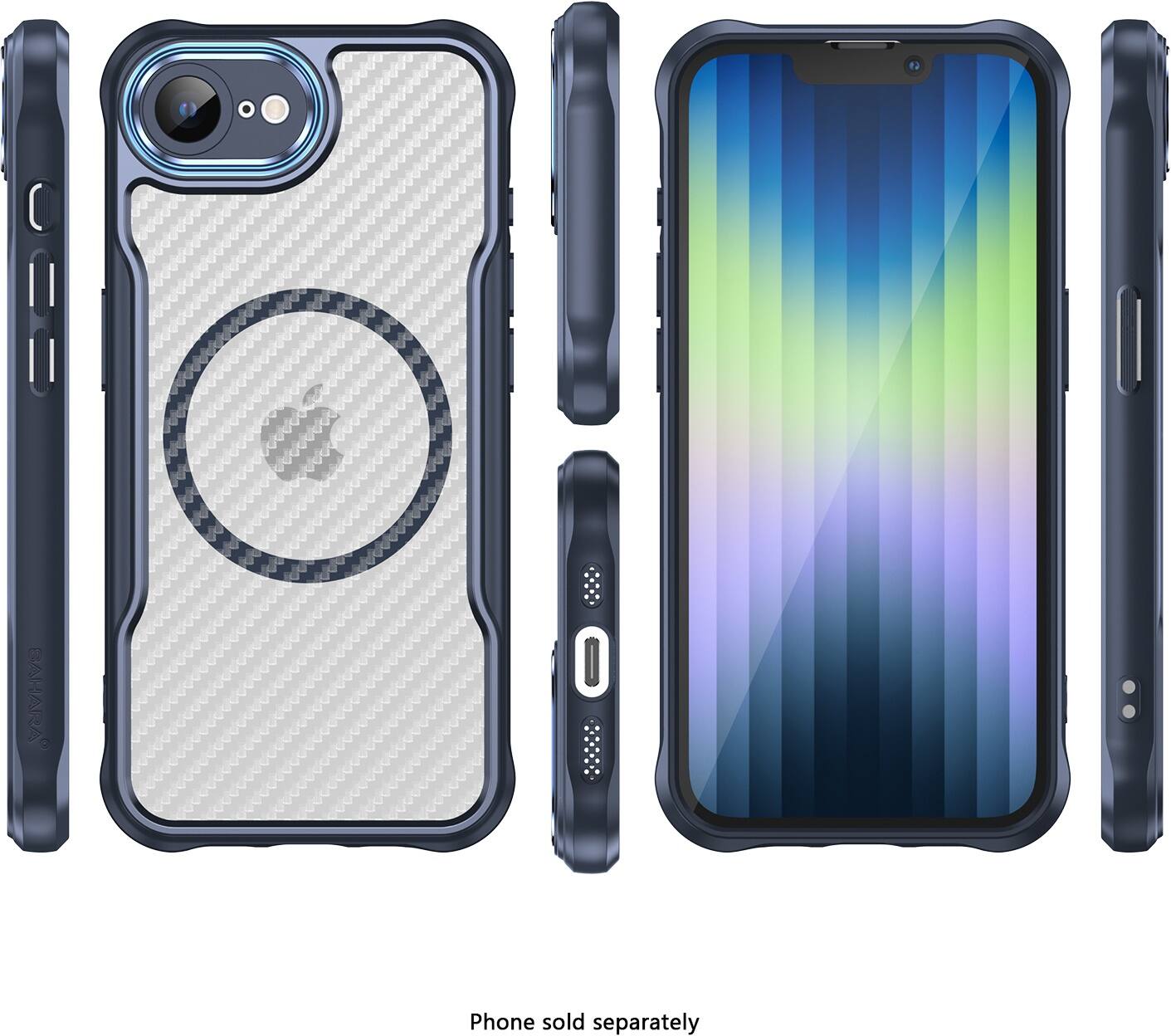 The image shows a phone case with a blue and purple background, and it is described as a "tough case." The case is designed to protect the phone from damage. The case is shown in different angles, including a close-up view of the back of the case. The case is available for purchase, and the phone is sold separately.
