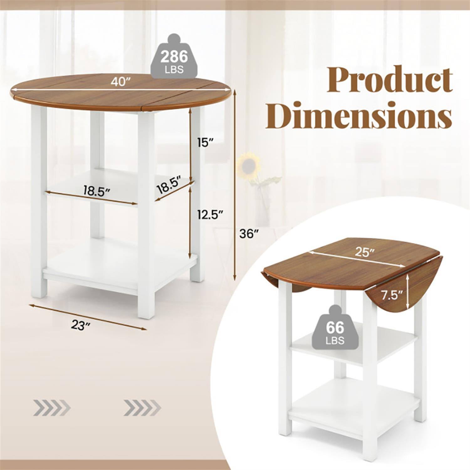 40" 286 LBS  
Product Dimensions: 15" x 18.5" x 18.5" x 12.5" x 36" x 25" x 7.5" x 23"  
66 LBS
