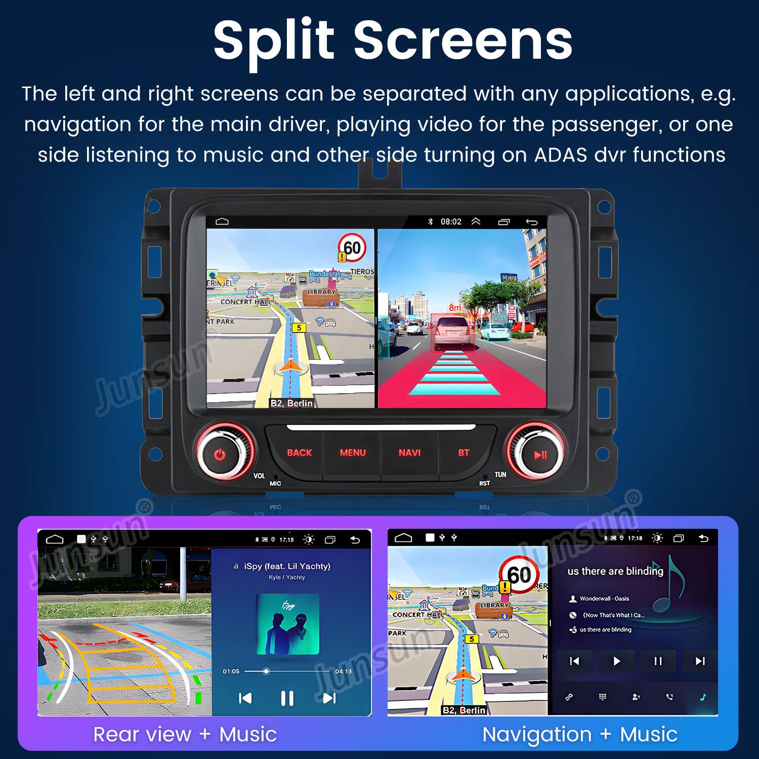 Split Screens

The left and right screens can be separated with any applications, e.g. navigation for the main driver, playing video for the passenger, or one side listening to music and other side turning on ADAS dvr functions

Rear view + Music

Navigation + Music