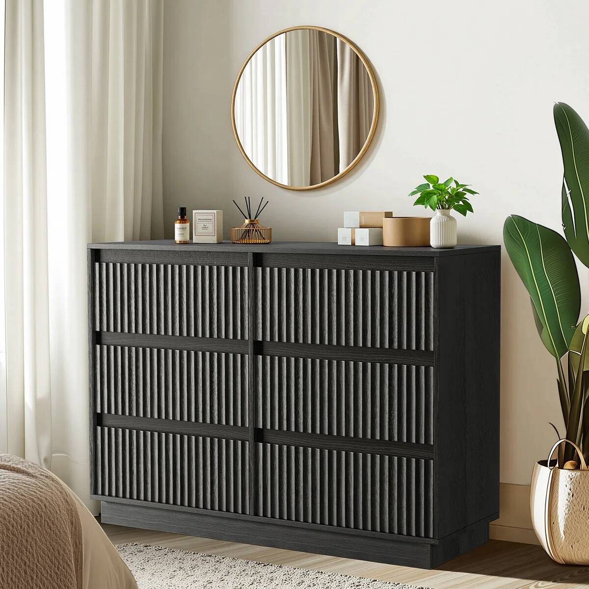Left. Koligey - 6-Drawer Dresser 47"W Double Dresser With Waveform Fluted Panel - black.