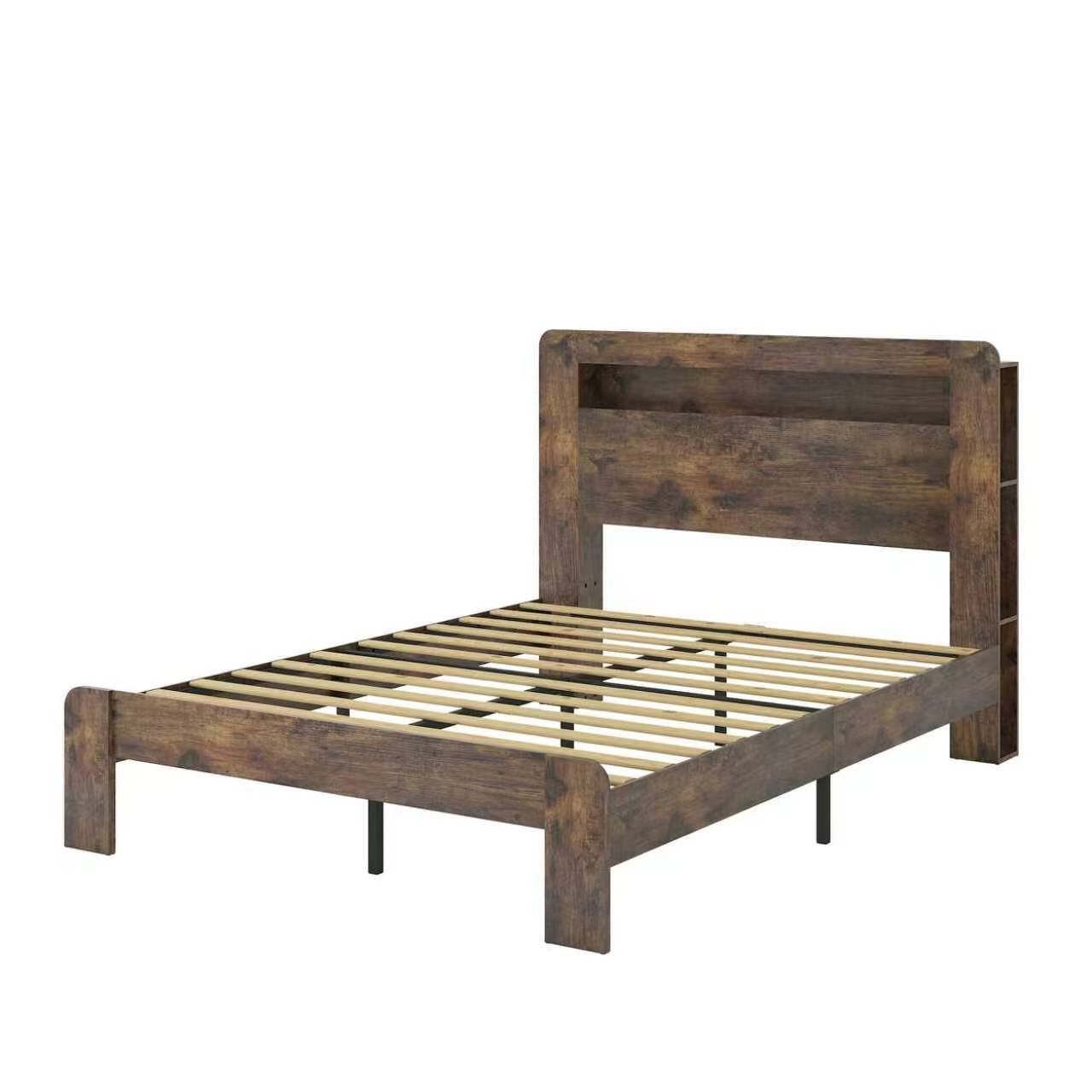 Alt View 2. LUCKY ONE - Full Size Wood Bed Frame with Storage LED Light Headboard and 2 USB - Dark Brown,Full.