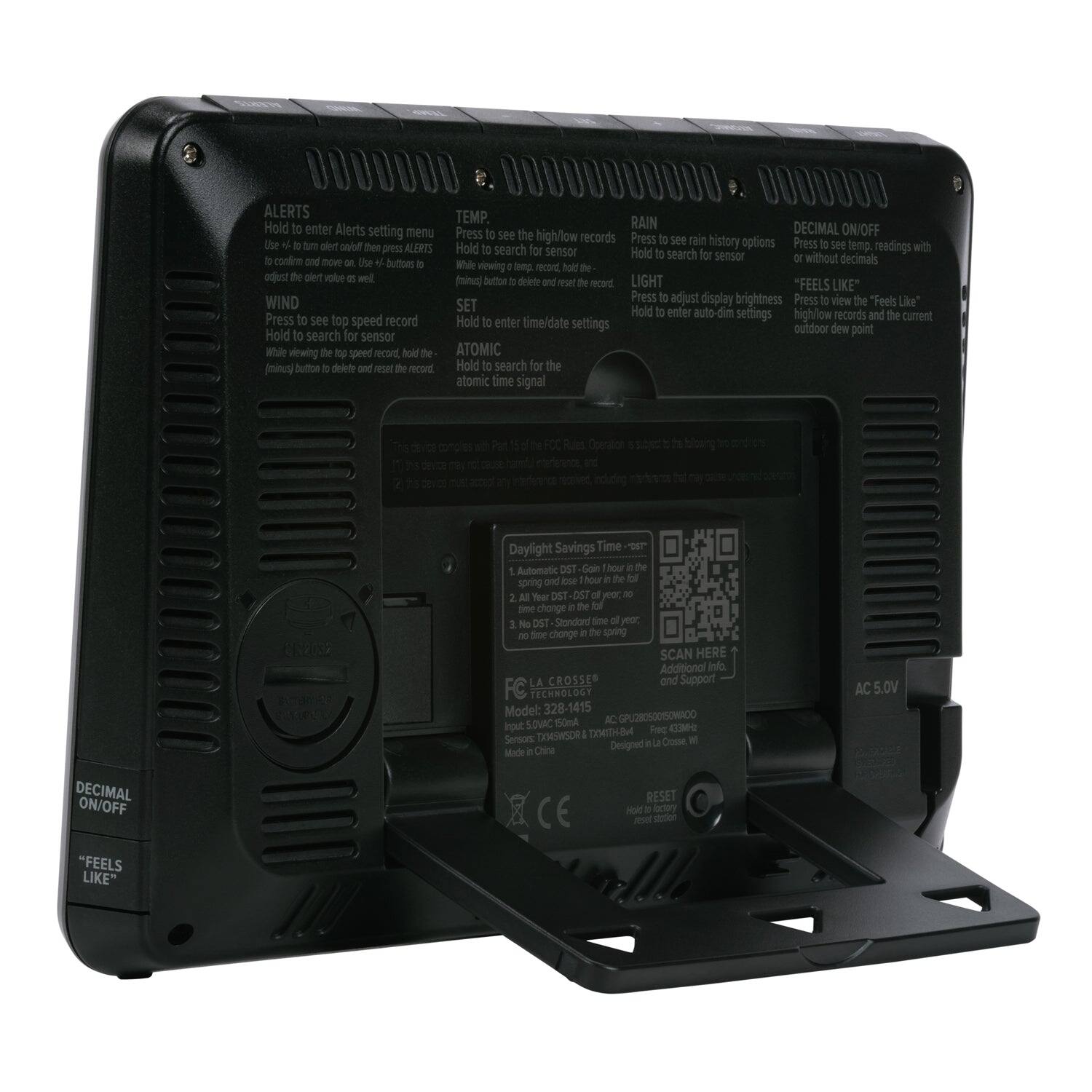 Sure, here is the corrected and grouped text from the image:

---

**ALERTS**  
Hold to enter Alerts setting menu  
Use +/- to turn on/off then press ALERTS to confirm and move on. Use +/- buttons to adjust the alert value as well.

**TEMP.**  
Press to see the high/low records  
Hold to view for sensor and hold the SET button to delete and reset the record.

**RAIN**  
Press to see rain history options  
Hold to search for sensor

**DECIMAL ON/OFF**  
Press to see temp, readings with or without decimals

**LIGHT**  
Hold to adjust display brightness  
Hold to enter auto-dim settings

**"FEELS LIKE"**  
Press to view records and the current outdoor dew point

**WIND**  
Press to see top speed record  
Hold to search for sensor  
While viewing the top speed record, hold the (-) button to delete and reset the record

**ATOMIC**  
Hold to search for atomic time signal

**Daylight Savings Time - Automatic DST**  
1. Automatic - DST changes on the first Sunday in March and the second Sunday in November  
2. Spring - DST - Get hour in the spring  
3. No DST - No DST