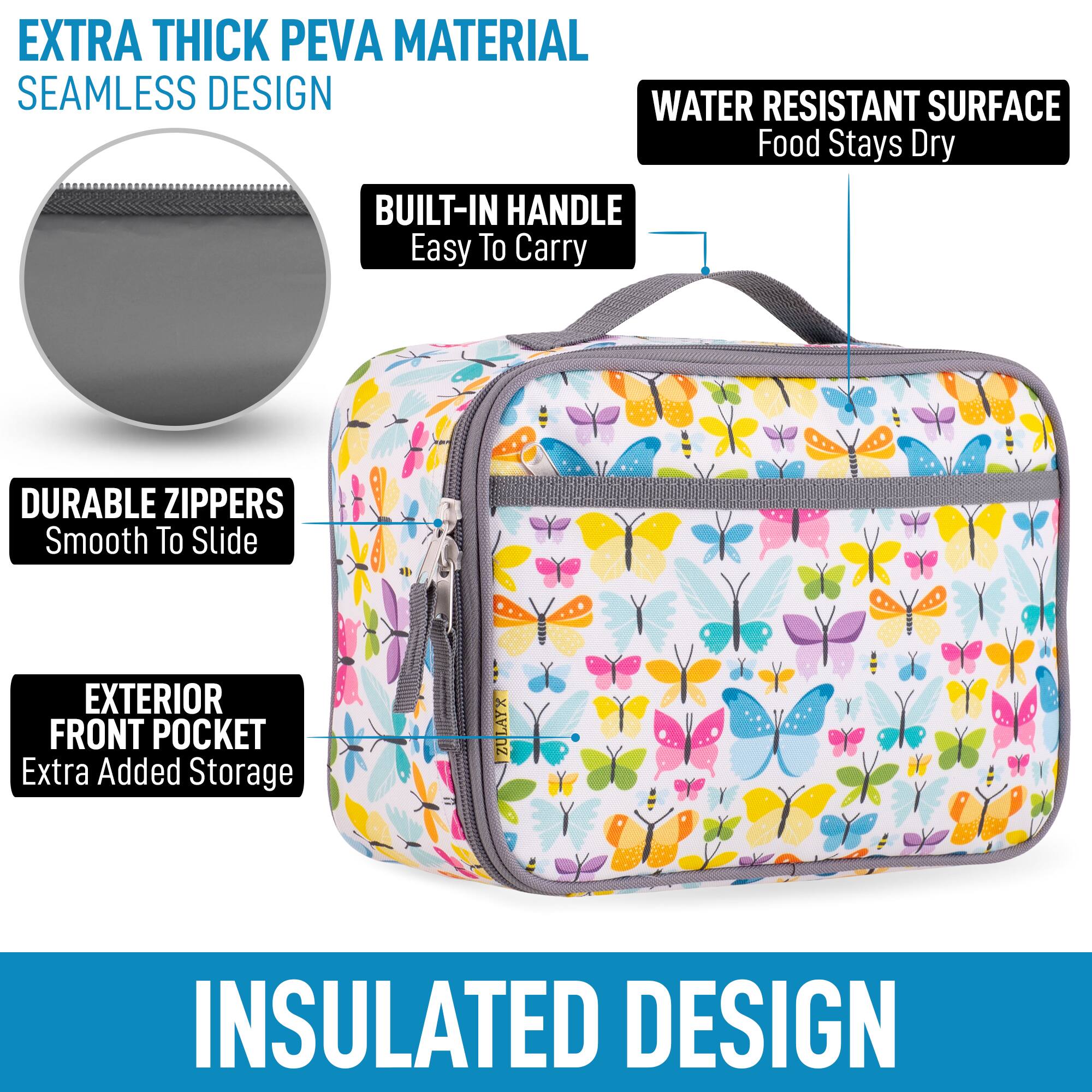 EXTRA THICK PEVA MATERIAL, SEAMLESS DESIGN, WATER RESISTANT SURFACE, Food Stays Dry, BUILT-IN HANDLE, Easy To Carry, DURABLE ZIPPERS, Smooth To Slide, EXTERIOR FRONT POCKET, Extra Added Storage, ZULAYX, INSULATED DESIGN