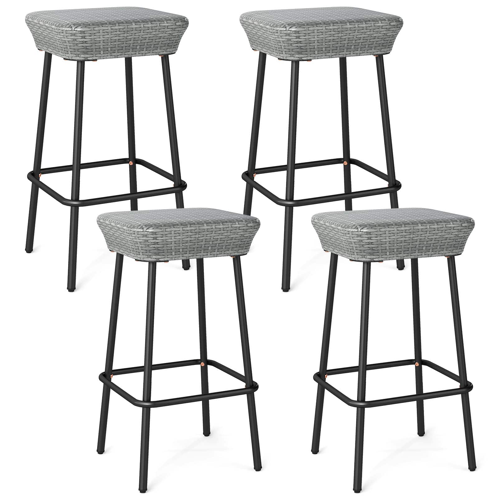 Gymax - 29.5'' Metal Bar Height Stools Set of 4 w/ Rattan Seat & Footrest for Backyard - Mix Gray