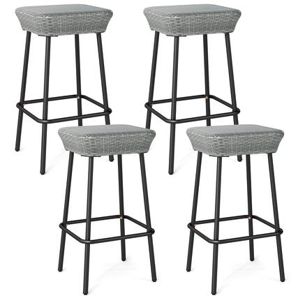 Front. Gymax - Gymax 29.5'' Metal Bar Height Stools Set of 4 w/ Rattan Seat & Footrest for Backyard - Mix Gray.