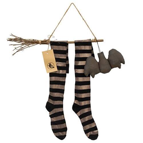 BreeBe - Witch Stockings & Broom Hanger Ornament - Black, Grey