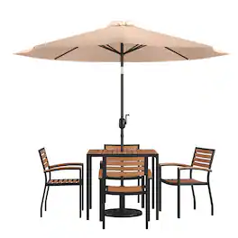Emma + Oliver - 7 Piece Patio Table Set - 4 Synthetic Faux Teak Stackable Chairs - Faux Teak Table - Umbrella with Base - Tan