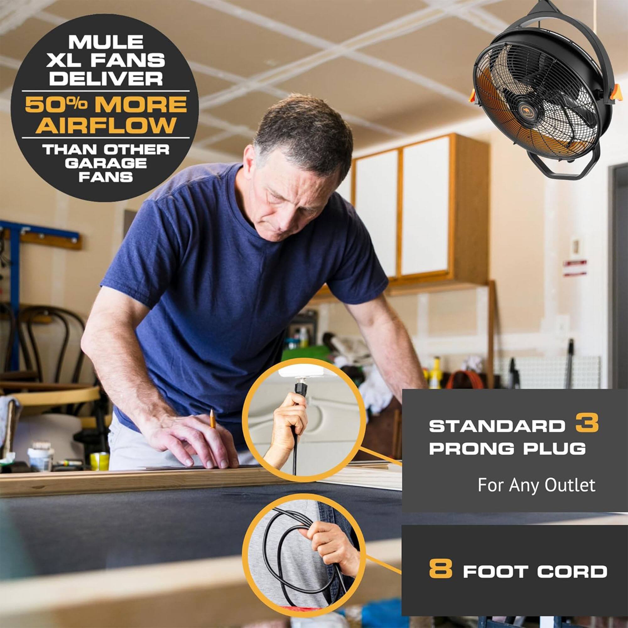 MULE XL FANS DELIVER  
50% MORE AIRFLOW THAN OTHER GARAGE FANS  

STANDARD 3 PRONG PLUG  
For Any Outlet  

8 FOOT CORD