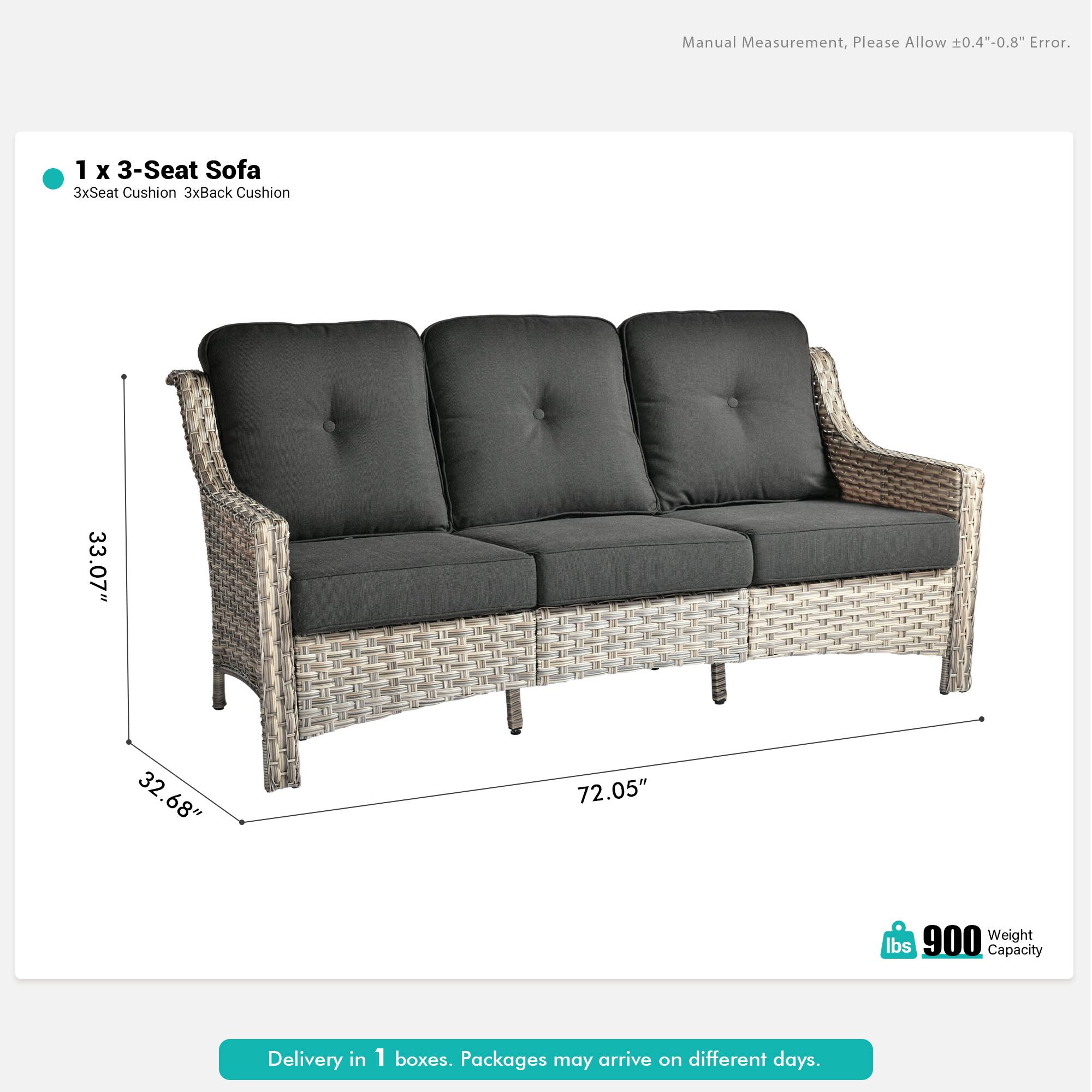Manual Measurement, Please Allow ±0.4"-0.8" Error.

1 x 3-Seat Sofa  
3xSeat Cushion 3xBack Cushion  
33.07" x 32.68" x 72.05"  
900 lbs Weight Capacity  

Delivery in 1 boxes. Packages may arrive on different days.