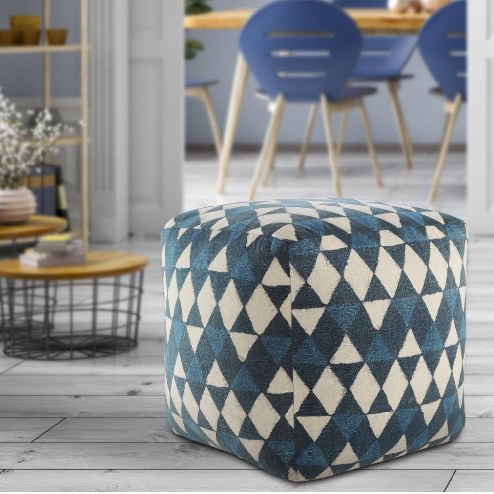 Left. Hivvago - Hivvago 20 Inch Cotton Geometric Pouf Ottoman - Blue, White.
