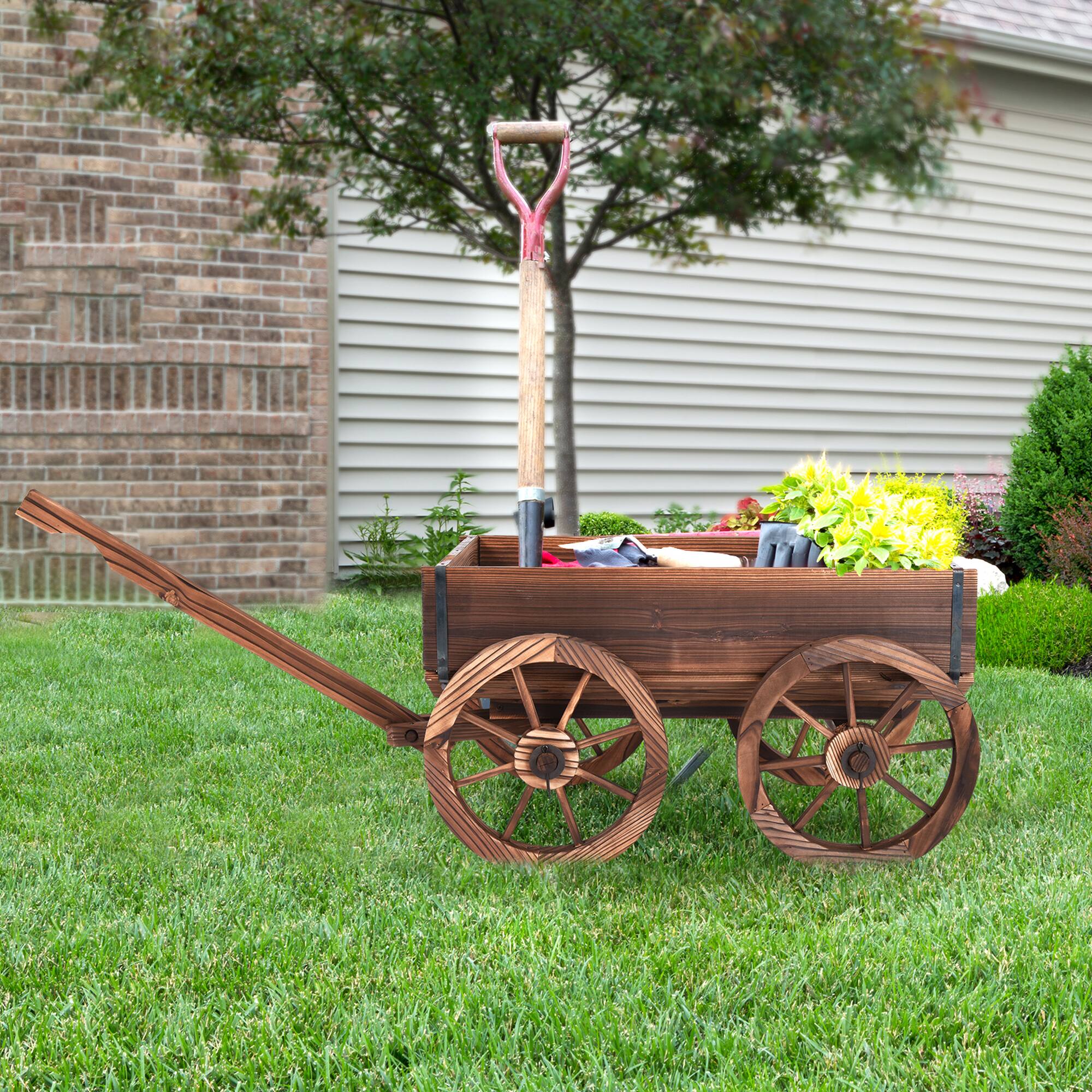 Alt View 4. Costway - Wood Wagon Flower Planter Pot Stand W/Wheels Home Garden Outdoor Decor - Brown.