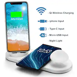 Trexonic - Wireless Charger 3 in 1 Charger Dock with Wireless Charging Station and Soft Light Toadstool Lamp - White