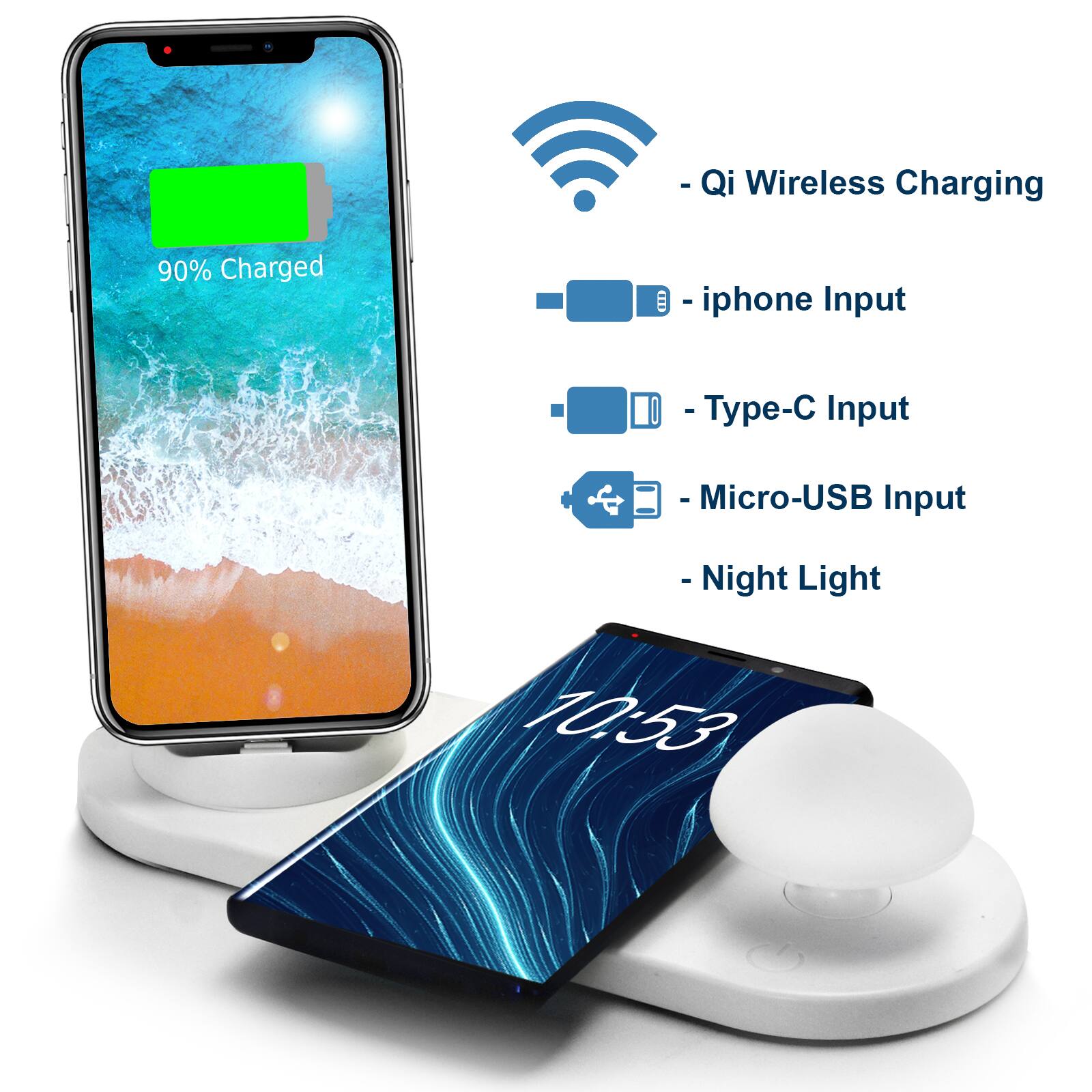 - Qi Wireless Charging
- iphone Input
- Type-C Input
- Micro-USB Input
- Night Light