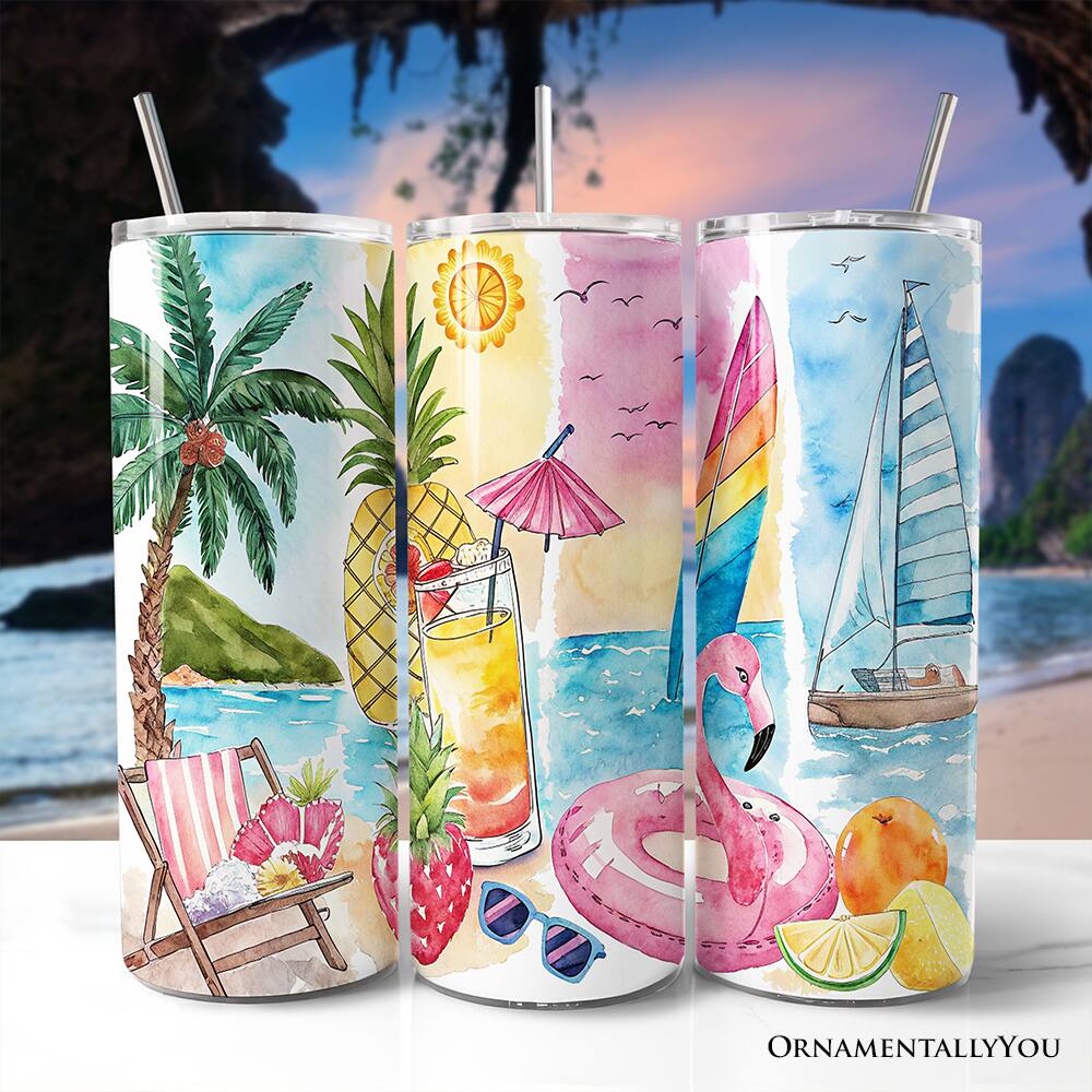 Back. OrnamentallyYou - Summer Vibes 20oz Tumbler With Stainless Steel Straw, Brushstrokes Vacation Beach Gift Cup - Multicolored.