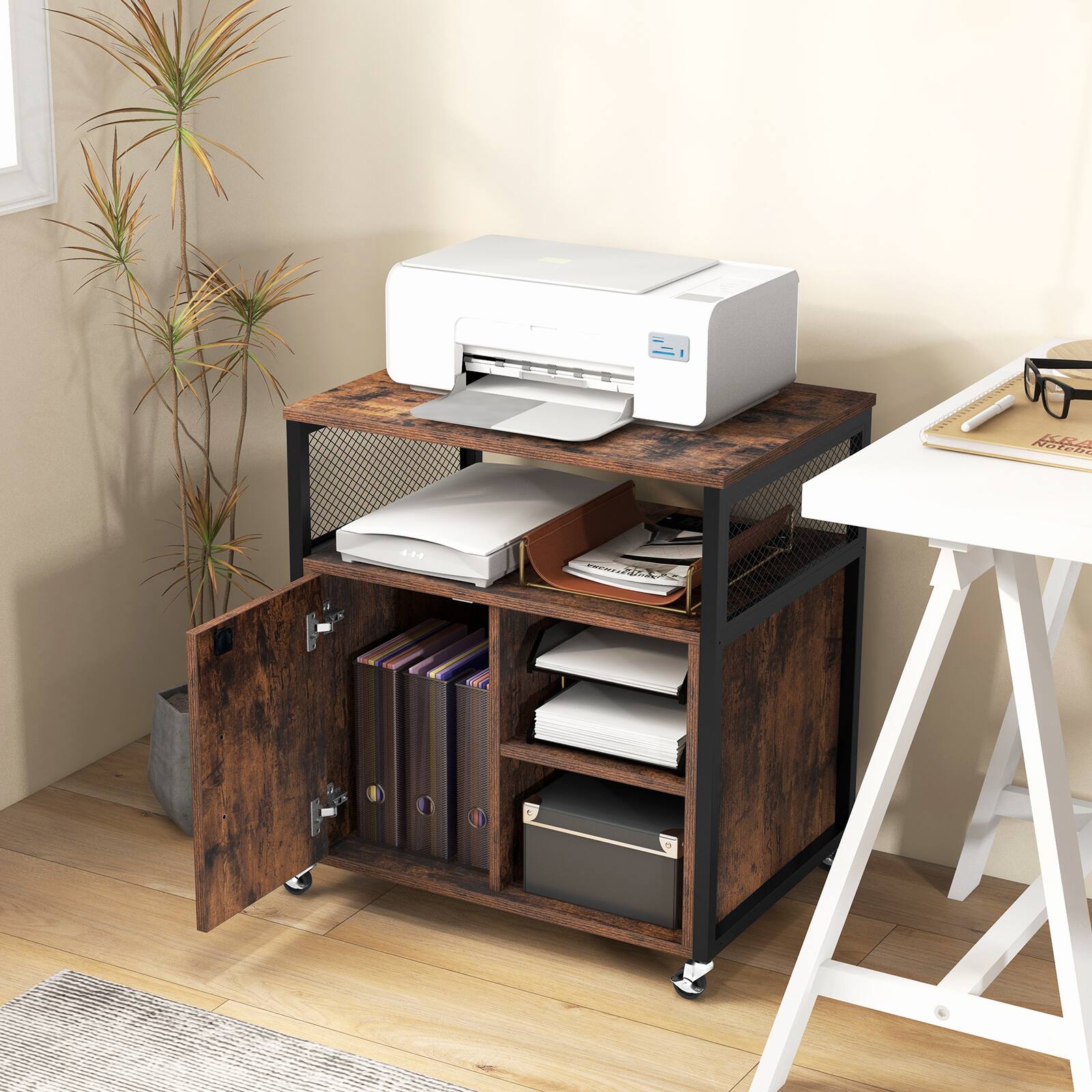 Angle. SlickBlue - Portable File Cabinet with Charging Station and Cable Management Hole – Rolling Storage for Office - Brown.