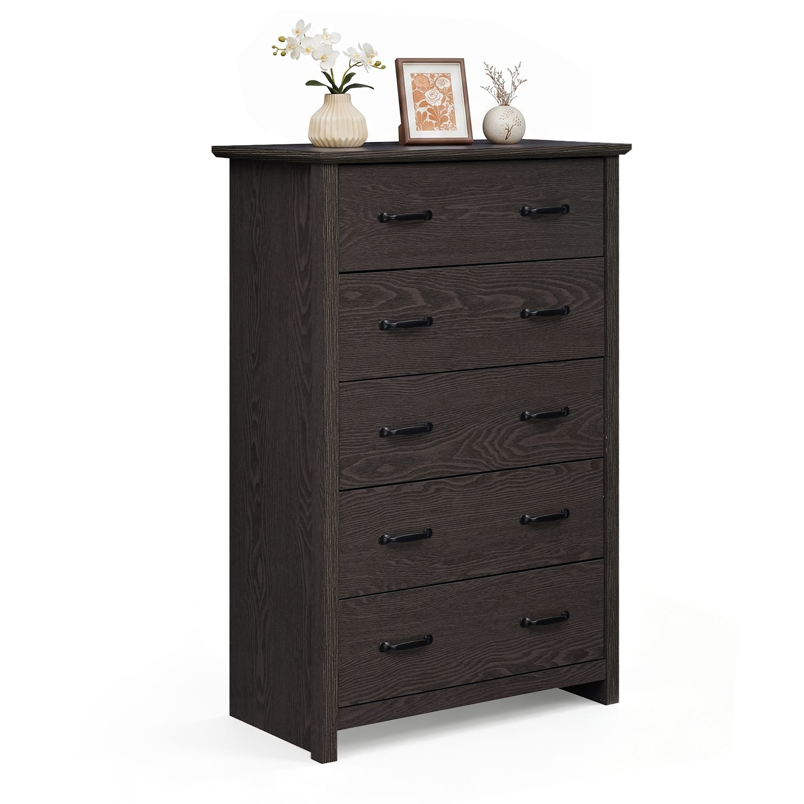 Costway - 5 Drawer Chest Storage Dresser Tall Cabinet Organizer Bedroom Hallway - Dark Gray Oak