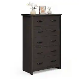 Costway - 5 Drawer Chest Storage Dresser Tall Cabinet Organizer Bedroom Hallway - Dark Gray Oak