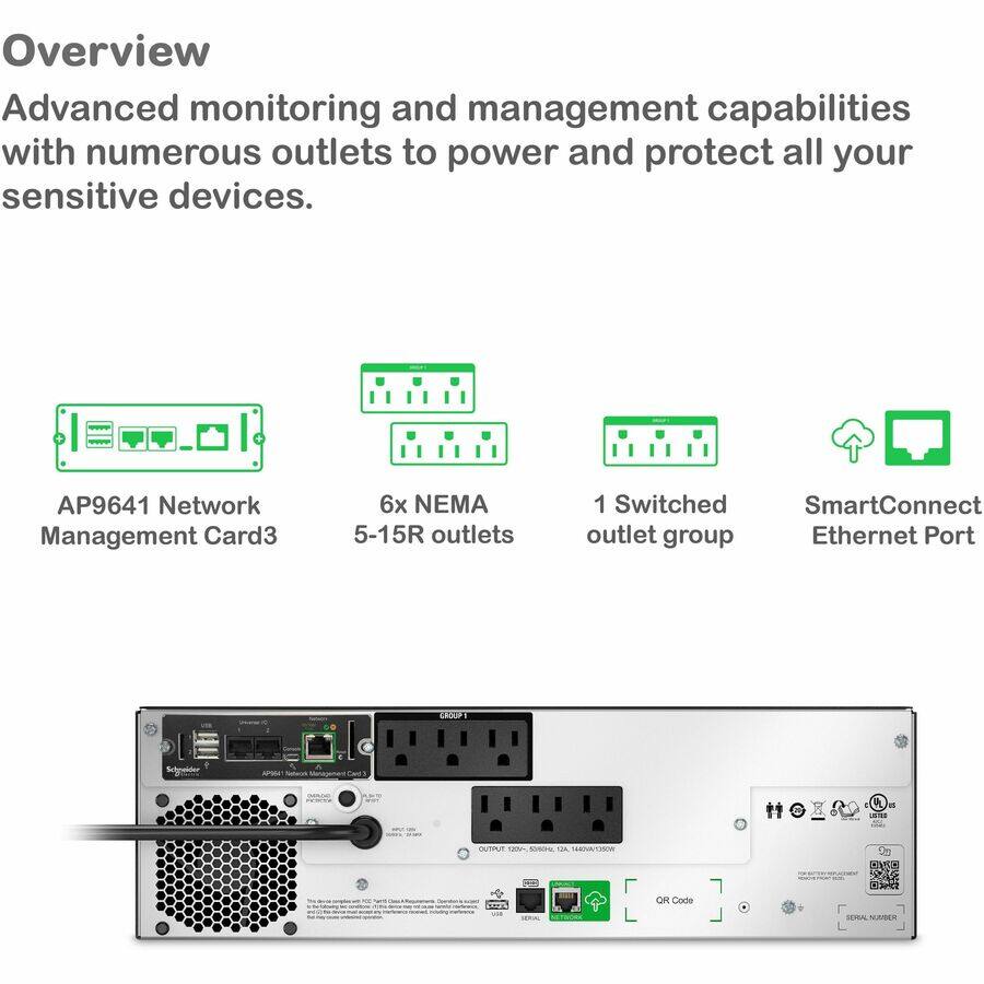 Overview  
Advanced monitoring and management capabilities with numerous outlets to power and protect all your sensitive devices.

- AP9641 Network Management Card3
- 6x NEMA 5-15R outlets
- 1 Switched outlet group
- SmartConnect Ethernet Port