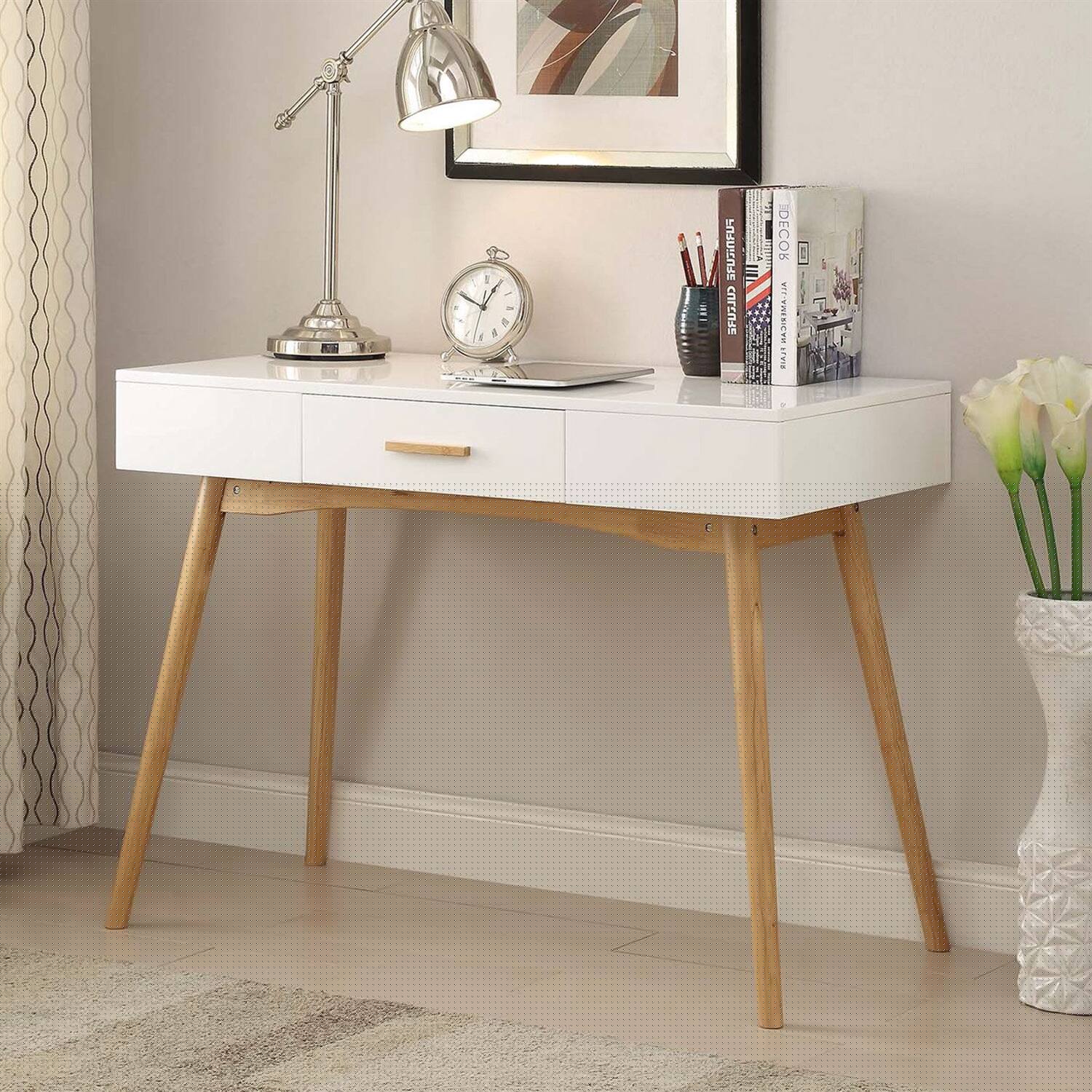 Hivvago - Modern Laptop Writing Desk with Natural Mid-Century Style Legs - White