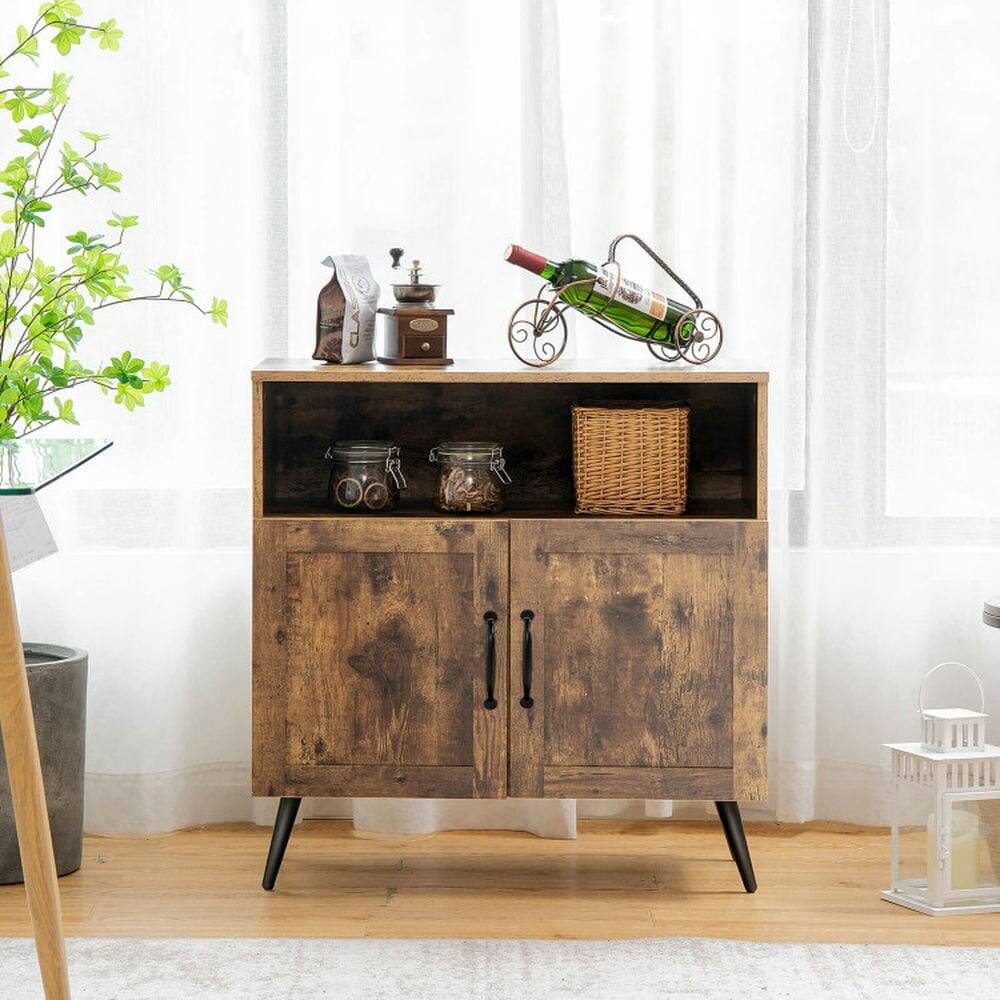 Alt View 2. Pefilos - Mid-century Wooden Storage Cabinet, Wine Glass Holders, Cabinet for Indoor, Rustic Brown - Brown.