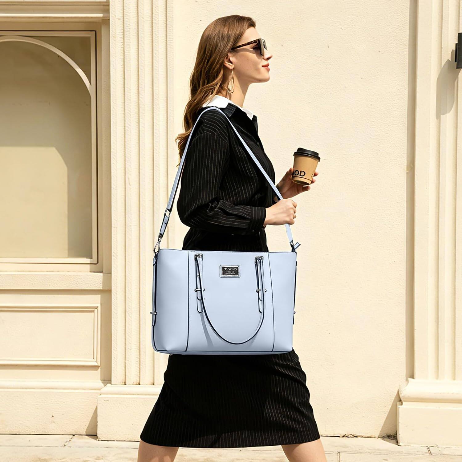 Left. mosiso - Waterproof PU Leather Laptop Bag for Women 17.3 Inch, Vintage Briefcase Shoulder Tote Computer Bag for Work & Office - Sky Blue.