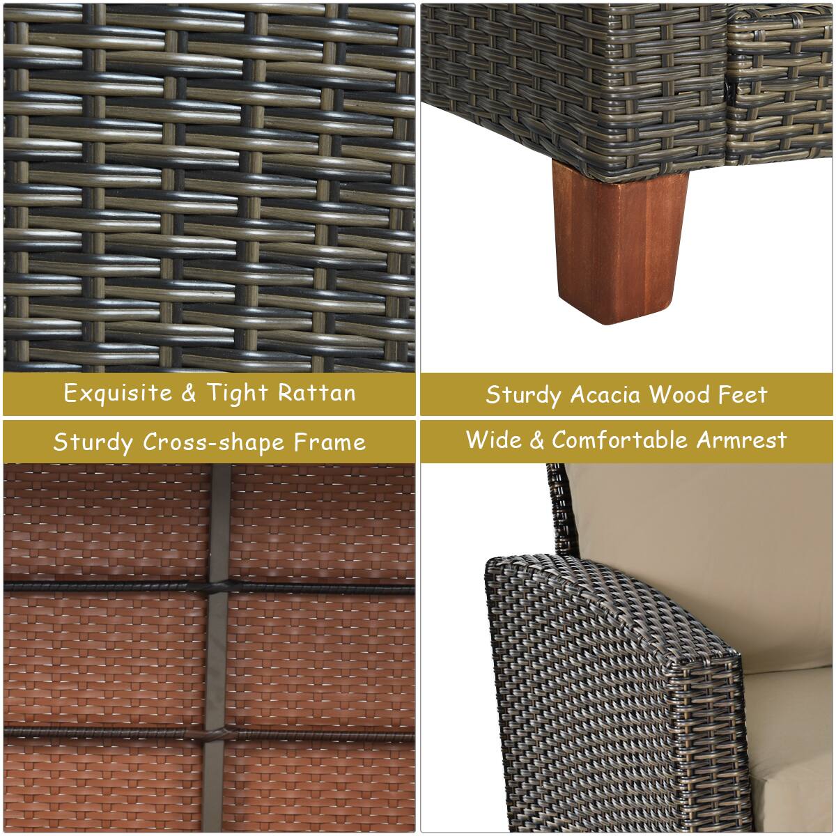 Exquisite & Tight Rattan, Sturdy Cross-shape Frame, Sturdy Acacia Wood Feet, Wide & Comfortable Armrest